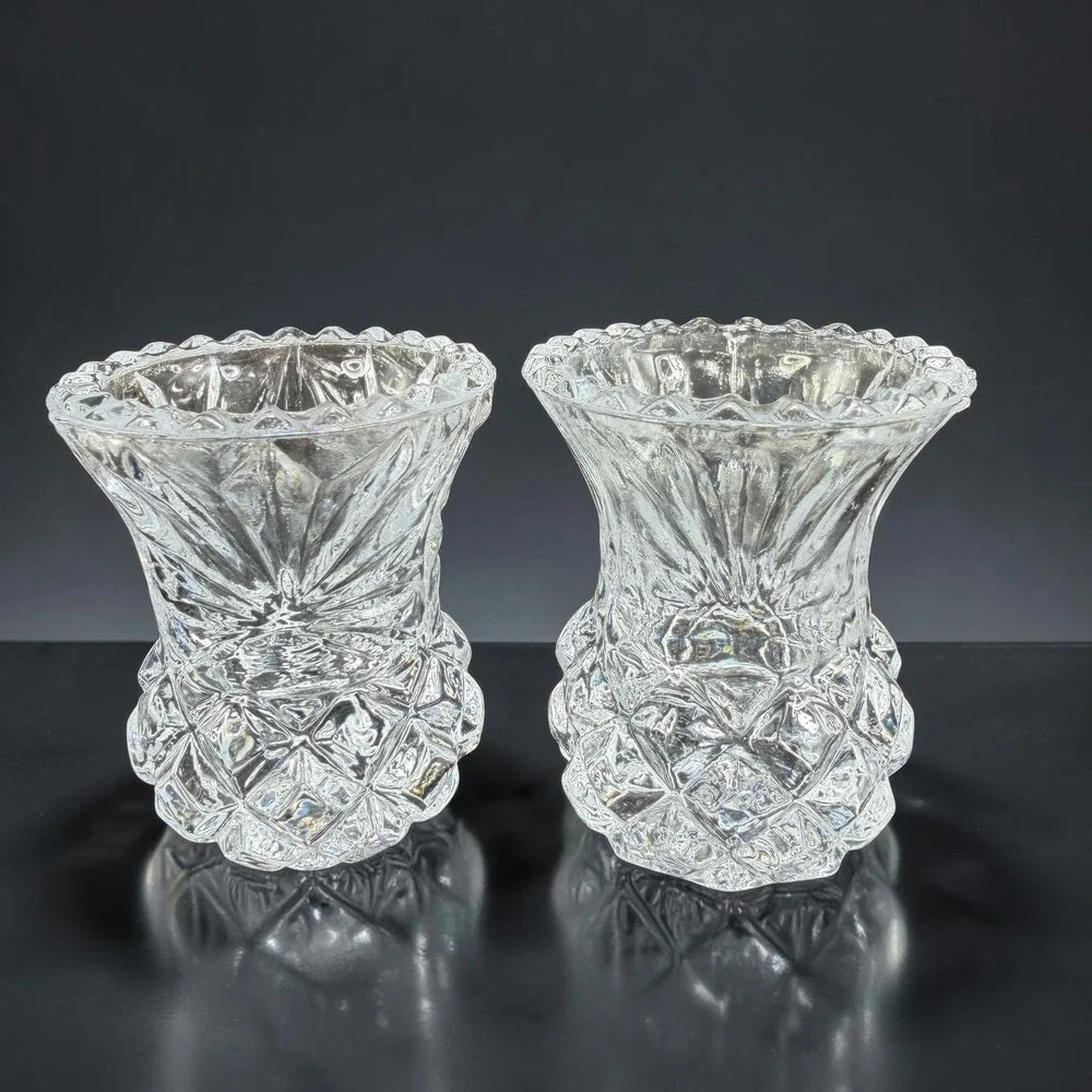 Bohemian Czech Crystal Toothpick Holders Set 2 Clear Diamond Cut Pineapple 2.5in